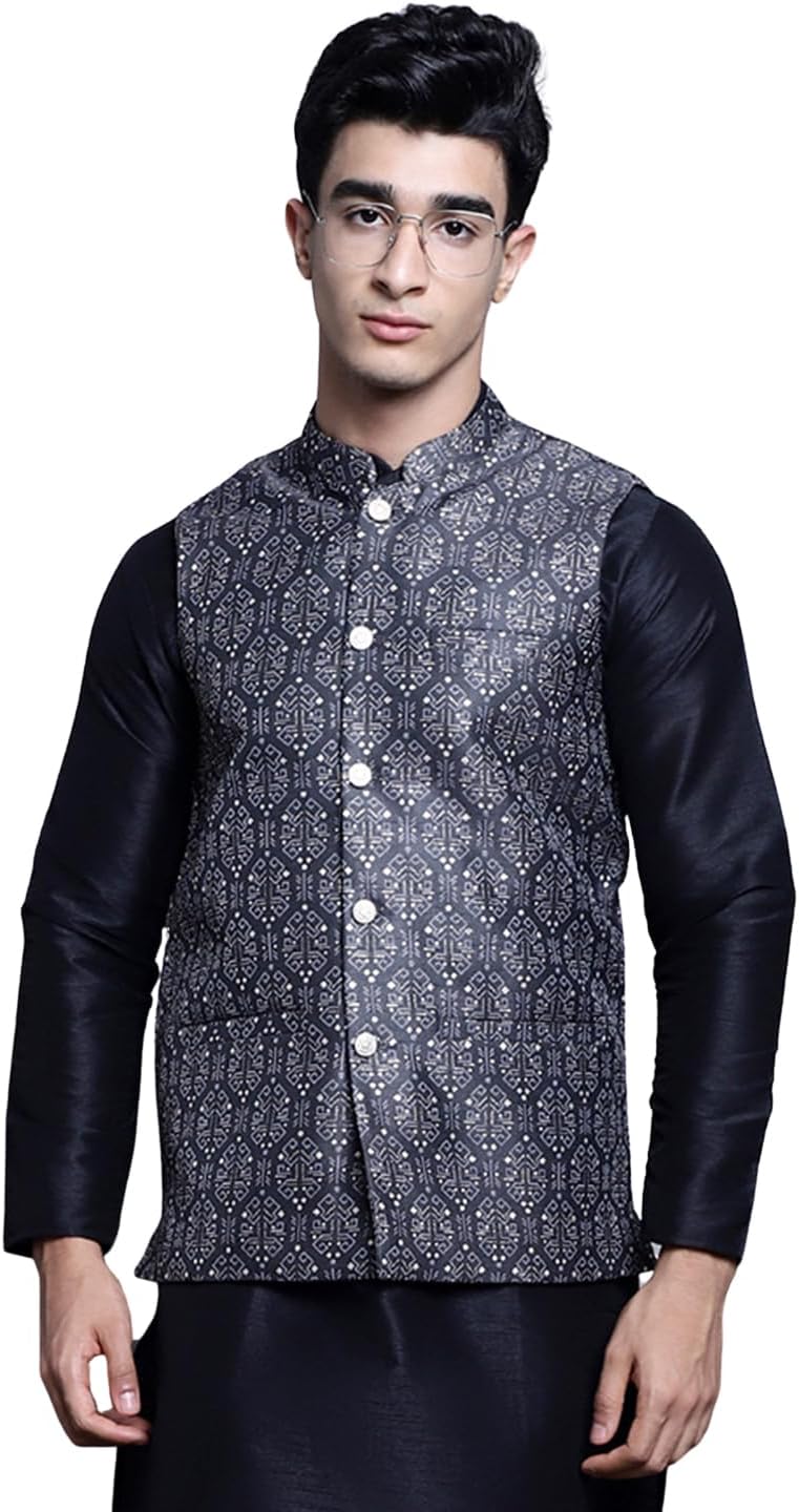 Maple Clothing Men’s Nehru Jacket Indian Traditional Vest Brocade Waistcoat Bandhgala Festive Wedding Outfit