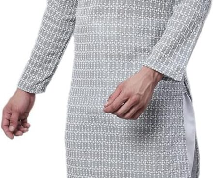Men’s Pure 100% Cotton Kurta Pyjama Set with White Embroidery
