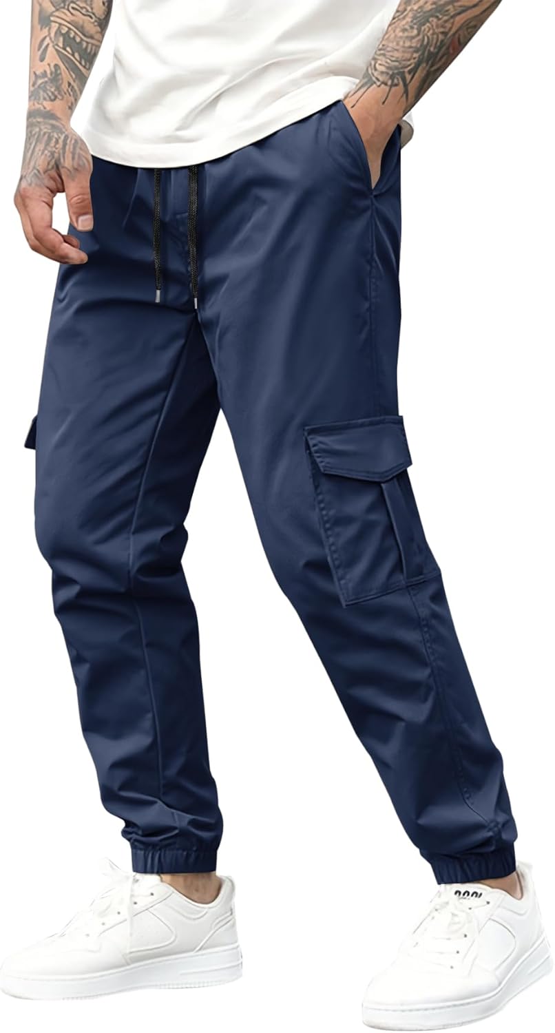 Mens Cargo Pants Casual Lightweight Elastic Waist Drawstring Tapered Pant with Pockets