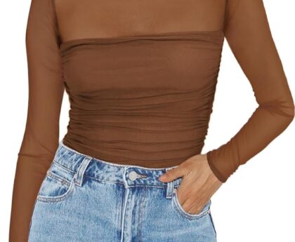 Zeagoo Womens Mesh Sheer Long Sleeve Top Mock Turtle Neck See Though Shirts Ruched Sexy Casual Going Out Blouses