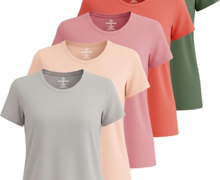 Real Essentials 5 Pack: Women’s Short Sleeve T-Shirts Workout Tops Fitness Pilates Gym Activewear Athletic (Plus Available)