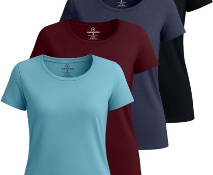 Real Essentials 4 Pack: Women’s Cotton Short Sleeve T-Shirt – Casual Scoop Crew Neck Tops Tee (Available in Plus Size)
