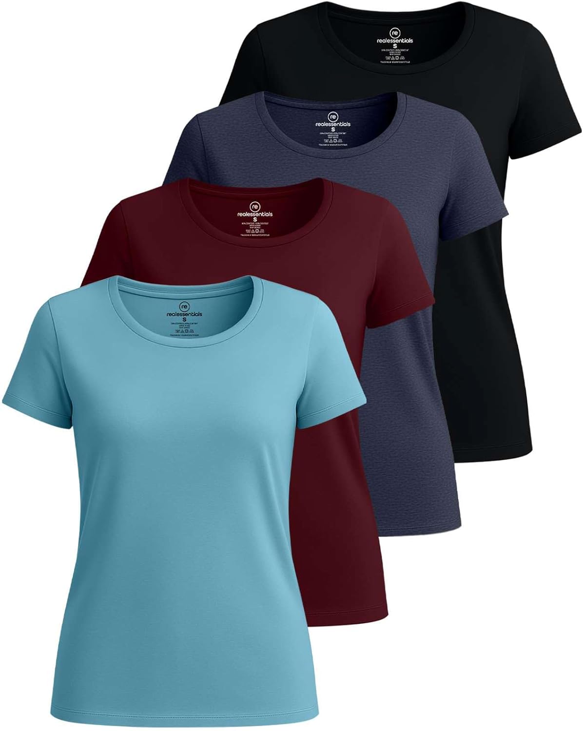 Real Essentials 4 Pack: Women’s Cotton Short Sleeve T-Shirt – Casual Scoop Crew Neck Tops Tee (Available in Plus Size)