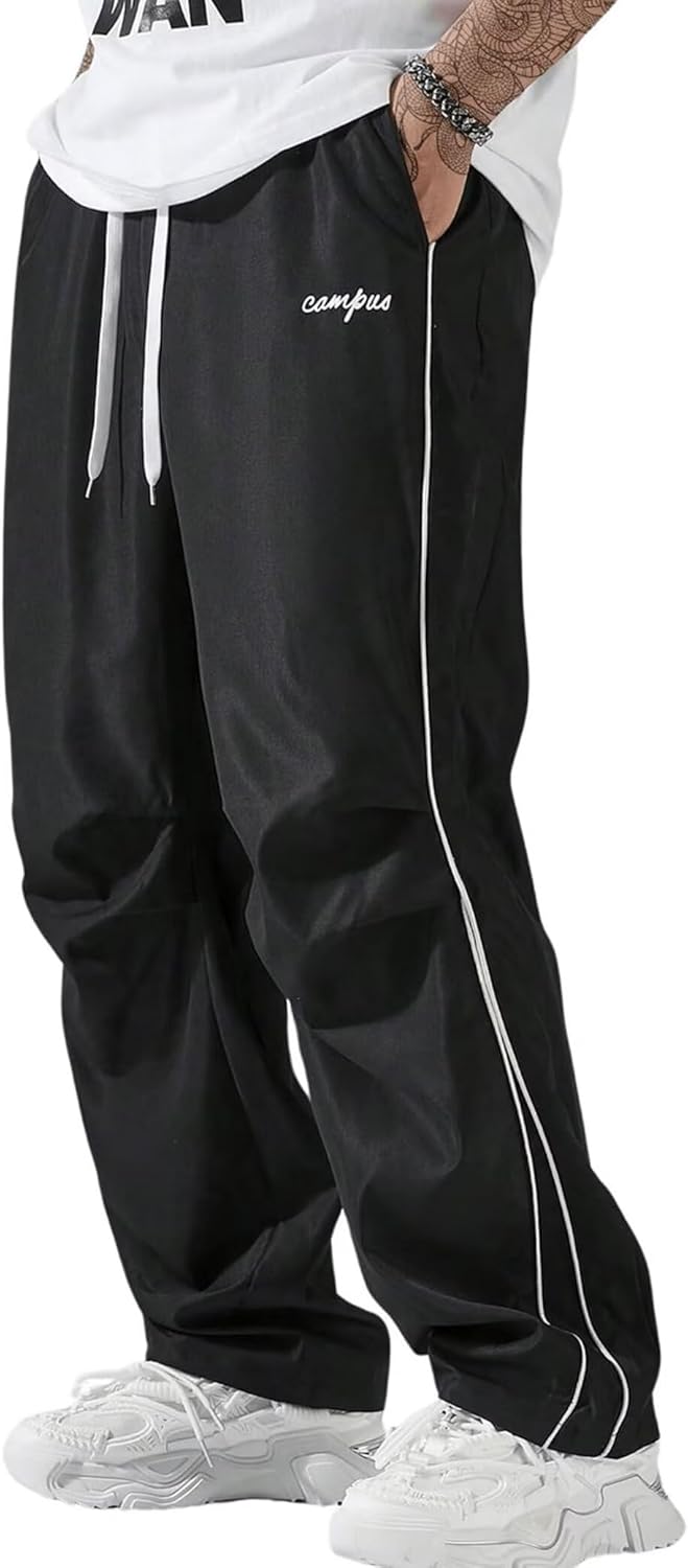 FCOOLYEET Men Track Pants Y2k Drawstring Lightweight Sweatpants Wide Leg Cool Parachute Pants Streetwear