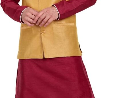 SKAVIJ Men’s Indian Traditional Dupion Silk Kurta Pajama Nehru Jacket (Waistcoat) Set
