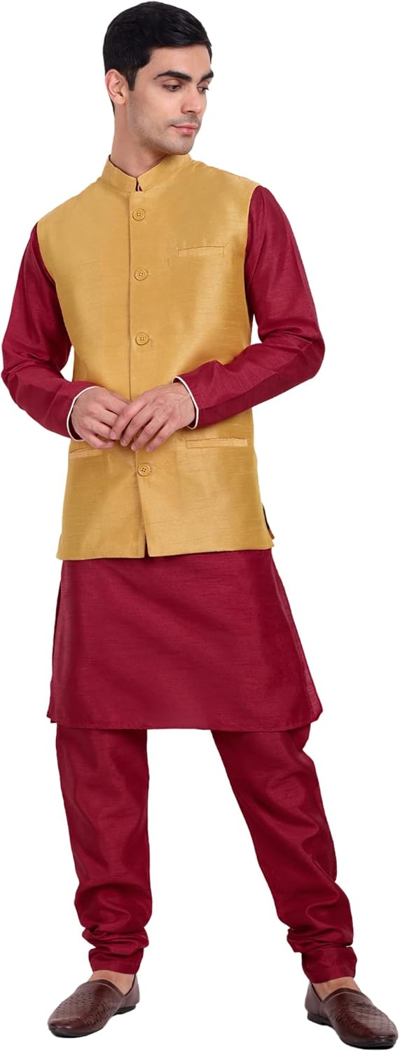 SKAVIJ Men’s Indian Traditional Dupion Silk Kurta Pajama Nehru Jacket (Waistcoat) Set