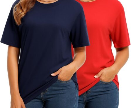 Combed Cotton Summer Tops for Women – Short Sleeve Crewneck T-Shirts, Compact Knit Loose Fit Basic Tees 2 Pack Black White