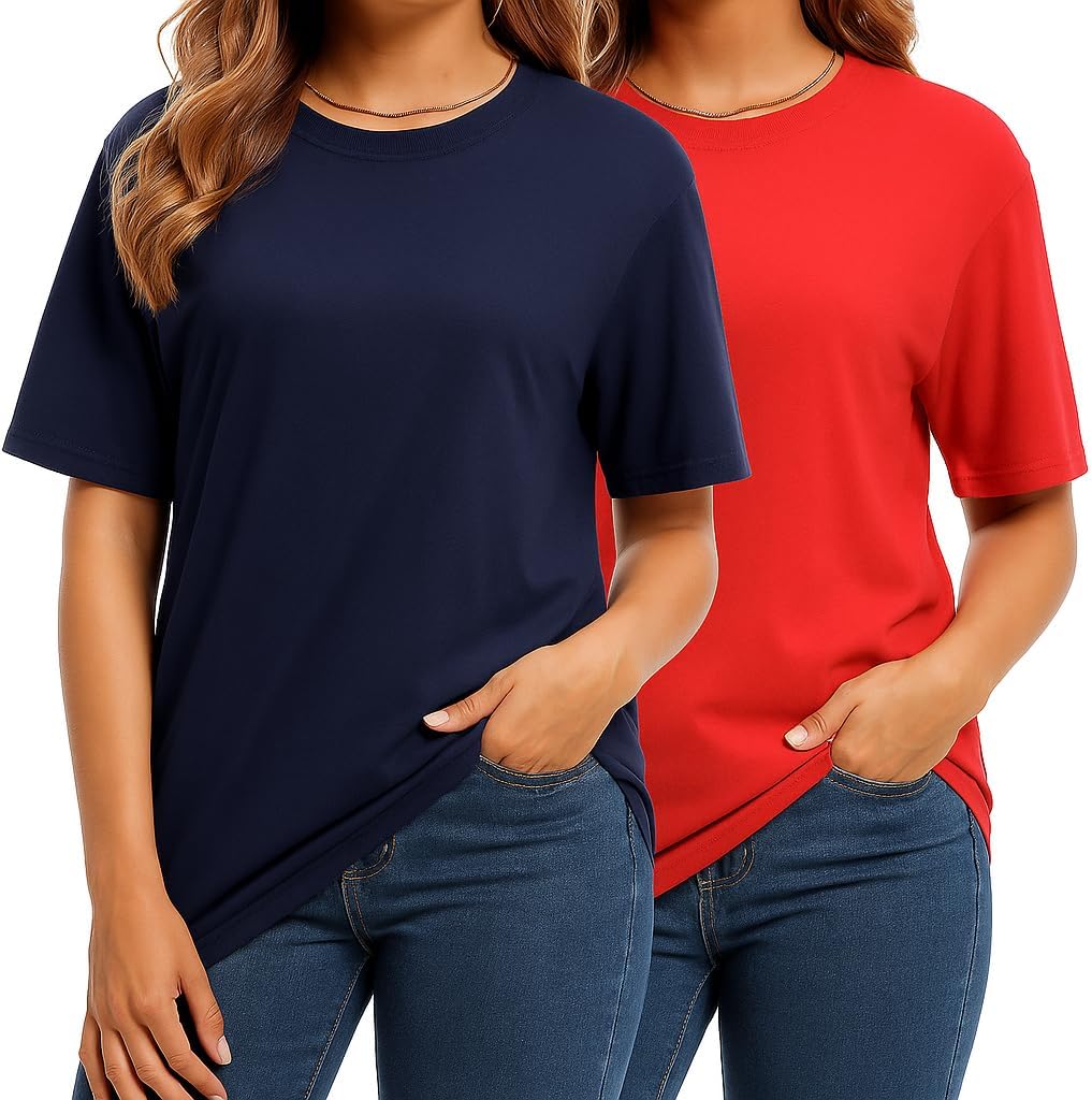 Combed Cotton Summer Tops for Women – Short Sleeve Crewneck T-Shirts, Compact Knit Loose Fit Basic Tees 2 Pack Black White