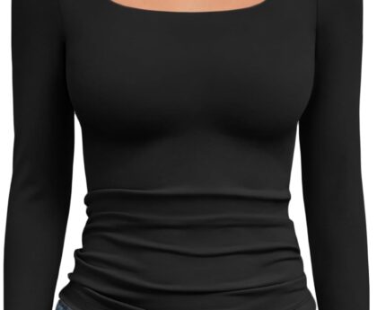 Trendy Queen Womens Long Sleeve Shirts Crop Tops Fall Fashion 2025 Square Neck Going Out Basics Tees Y2k Clothes