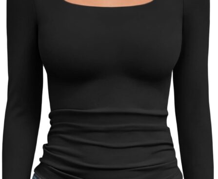 Trendy Queen Womens Long Sleeve Shirts Crop Tops Fall Fashion 2025 Square Neck Going Out Basics Tees Y2k Clothes