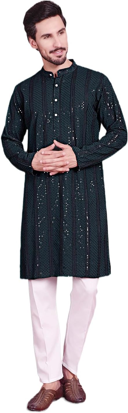 Maple Clothing Sequined Men’s Kurta Pajama Set Rayon Chikankari Indian Wedding Outfit Bollywood
