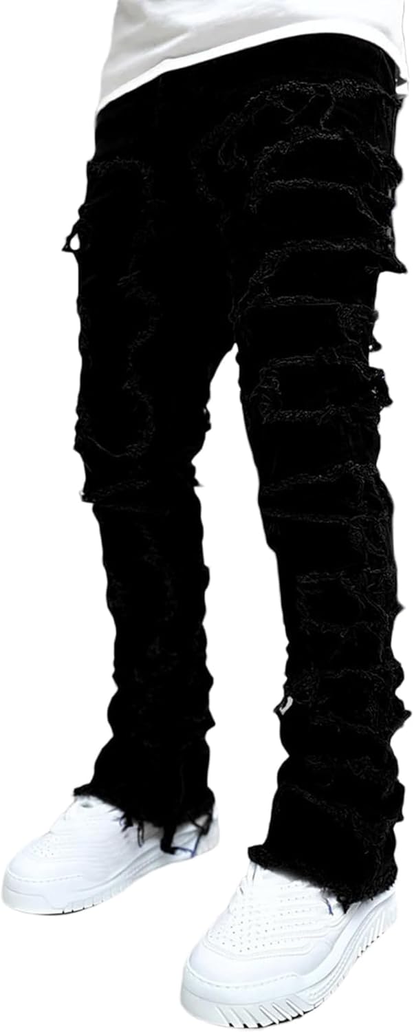 Boy’s Stacked Jeans Slim Fit Ripped Skinny Stretch Hip Hop Streetwear Denim Pants