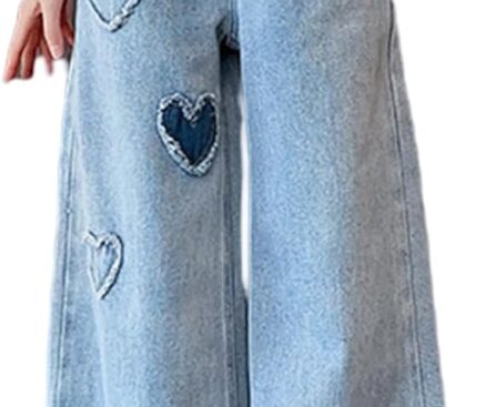 Kids Girls Baggy Jeans Heart Print Casual Wide Leg Loose fit Denim Pants Size 5-14 Years