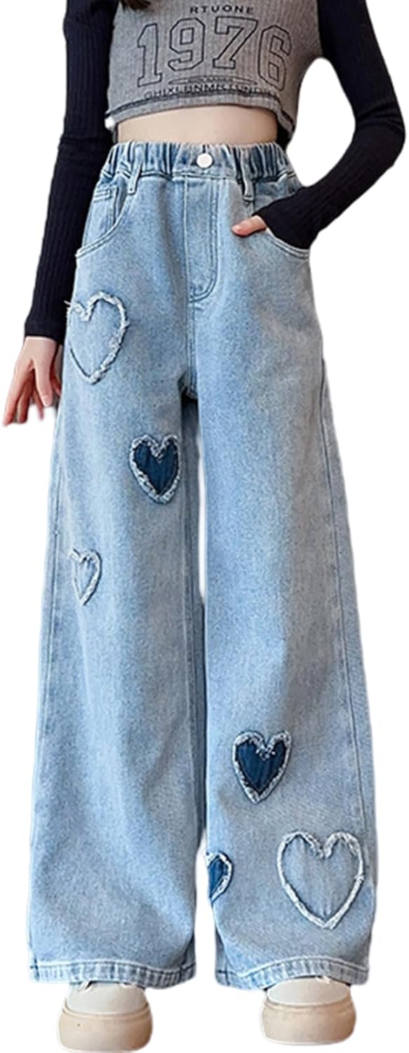 Kids Girls Baggy Jeans Heart Print Casual Wide Leg Loose fit Denim Pants Size 5-14 Years
