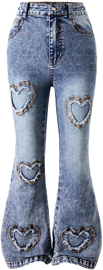 Nivne Tco Tween Girls Flare Jeans Zipper Fly Denim Pants with Heart Applique, Buttons and Pockets Casual Jeans for Kids