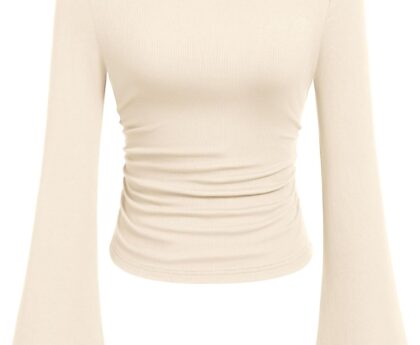 PRETTYGARDEN Women’s Long Sleeve Shirts 2025 Fall Crop Going Out Tops Casual Boat Neck Bell Sleeve Ribbed Ruched Y2K Clothes