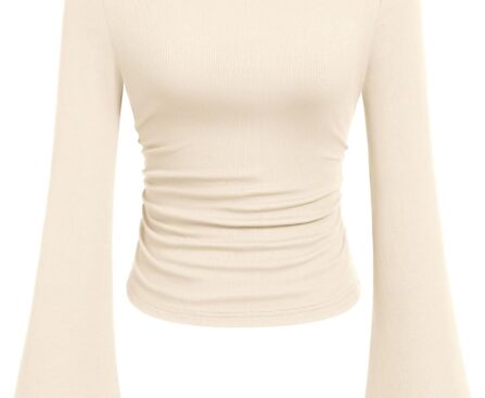 PRETTYGARDEN Women’s Long Sleeve Shirts 2025 Fall Crop Going Out Tops Casual Boat Neck Bell Sleeve Ribbed Ruched Y2K Clothes