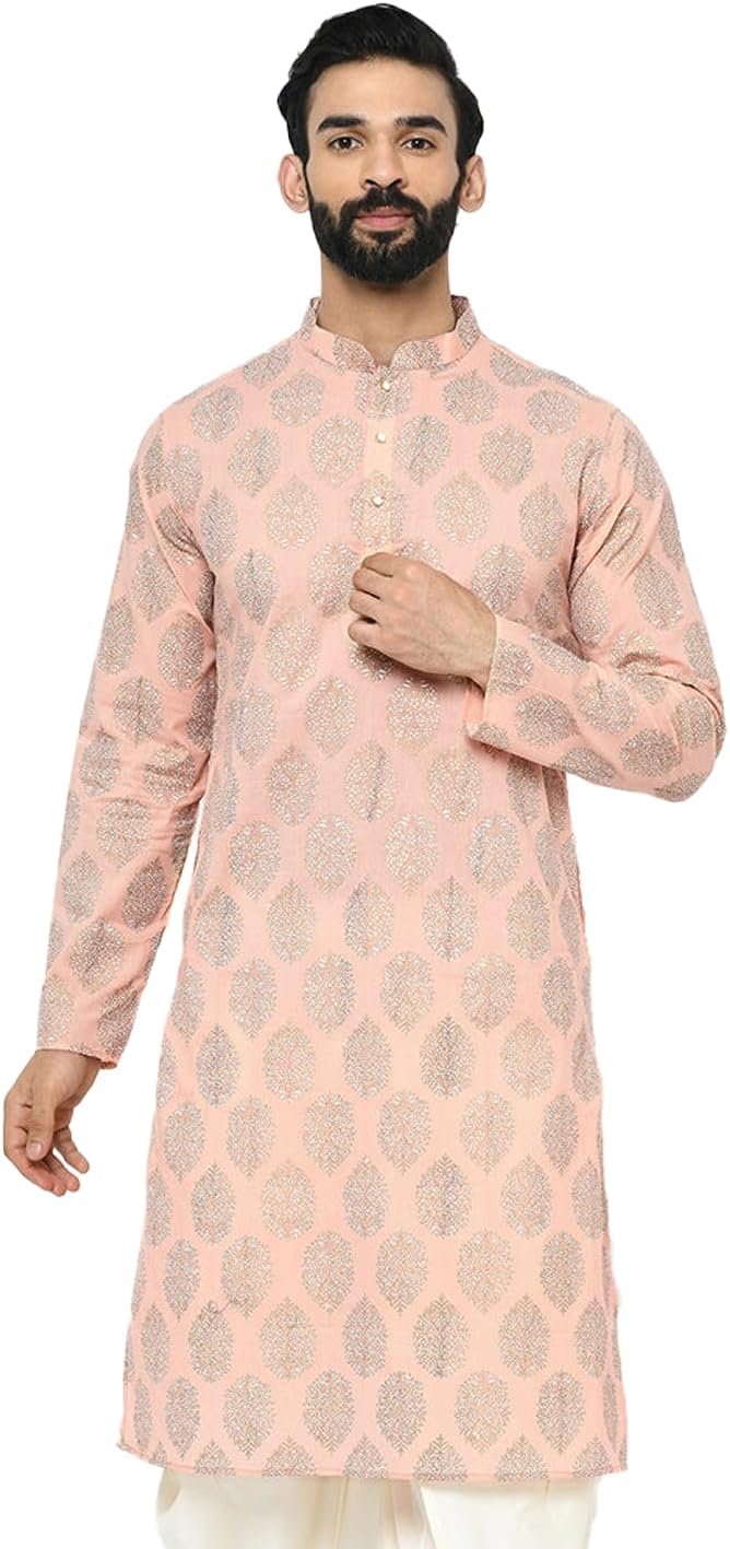 KISAH Mens Kurta – Printed Cotton Blend Tunic – Indian Wedding Outfit for Men – Festive Wear for Diwali, Eid & Celebrations