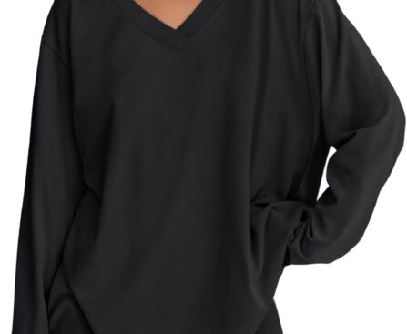 Trendy Queen Oversized Tshirts for Women Workout Plus Size Gym Tops V Neck Long Sleeve T Shirts Spring Casual Basic Tees