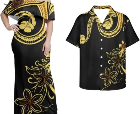 Polynesian Couple Matching Hawaiian Luau Party Outfit Set Polynesian Samoan Puletasi Print Dress and Men’s Shirt