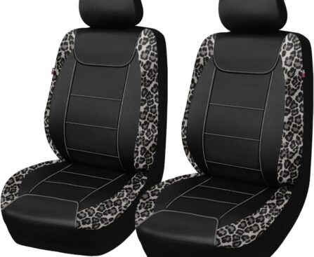 Flying Banner car seat Covers Faux Leather Waterproof Easy Clean Easy Installation (Leopard Gray Leather Black, 2 Fronts)
