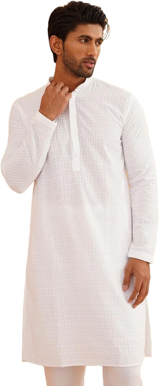 Sojanya (Since 1958 Men’S Geometric Embroidered Thread Work Cotton Straight Long Kurta