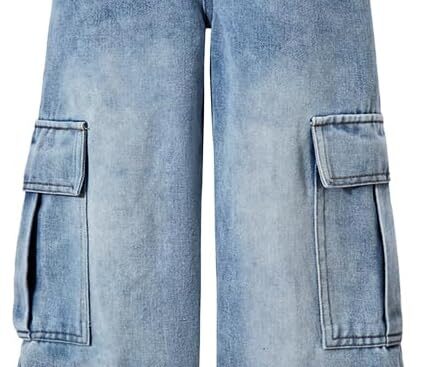 Nivne Tco Tween Boys Cargo Jeans, Casual Elastic Waist Denim Pants Baggy Wide Leg Trousers with Pockets