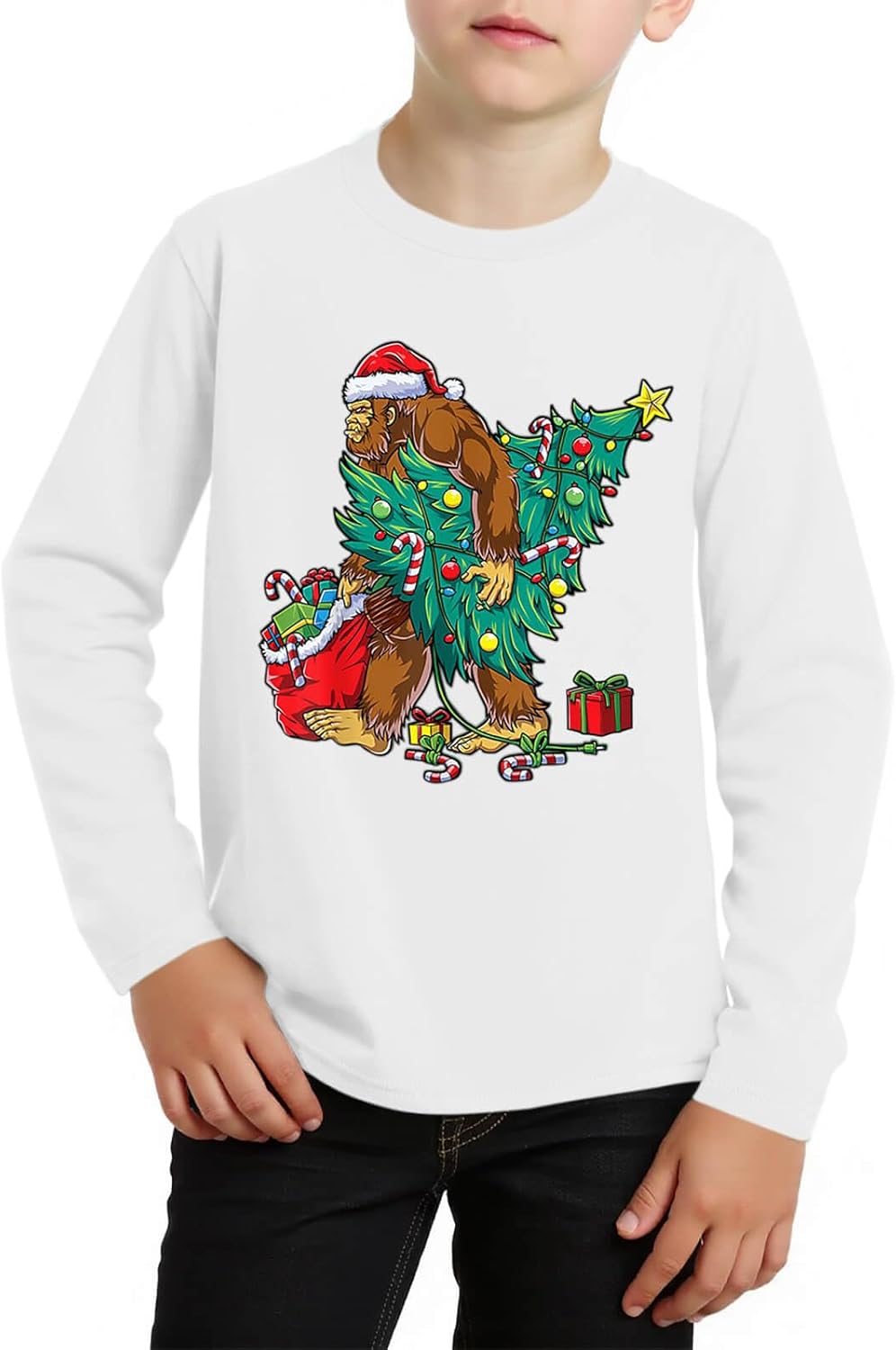 Haloumoning Boys Christmas Long Sleeve T Shirts Kids Ugly Xmas Tree Print Crewneck Tops Tees 5-14Y