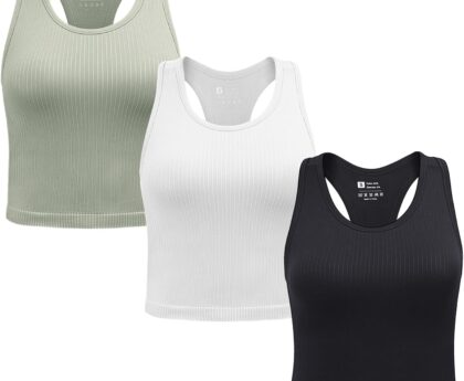2/3/4 Packs Ribbed Racerback Tanks with Built in Bra for Women -Women’s Seamless Crop Tops Camisole Sport Bra