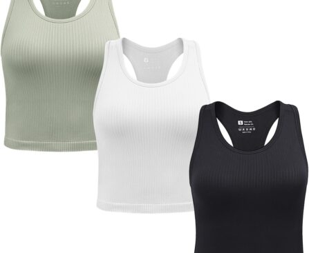 2/3/4 Packs Ribbed Racerback Tanks with Built in Bra for Women -Women’s Seamless Crop Tops Camisole Sport Bra
