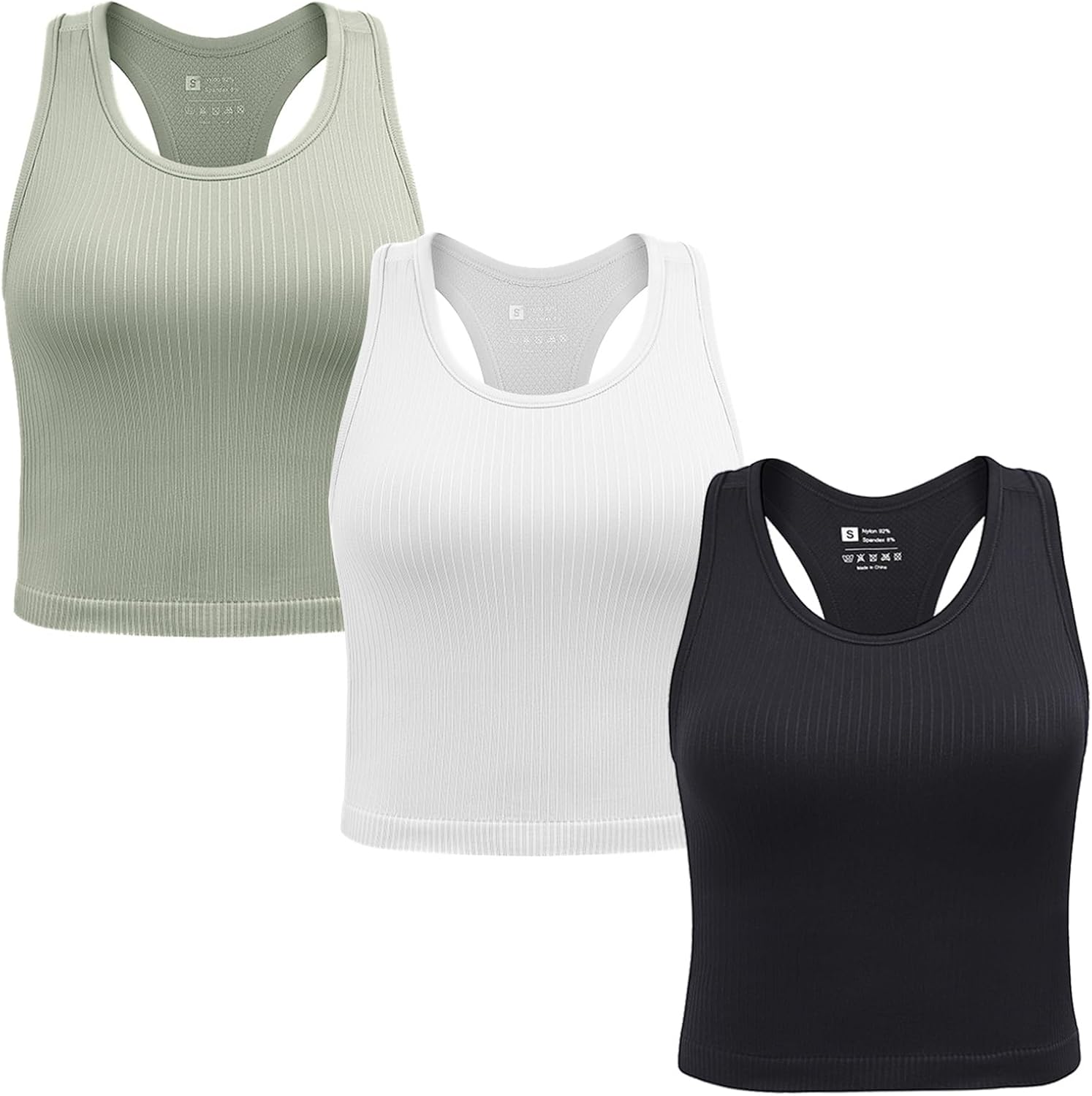 2/3/4 Packs Ribbed Racerback Tanks with Built in Bra for Women -Women’s Seamless Crop Tops Camisole Sport Bra