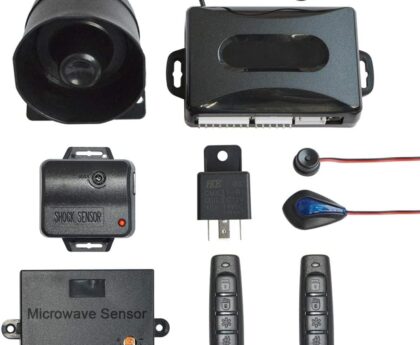 BANVIE Universal Car Security Alarm with Keyless Entry System, 2 Remote Transmitters, 6-Tone Siren, Shock Sensor, Central Locking Automation