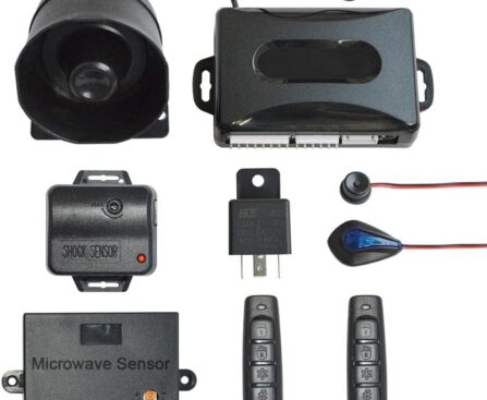 BANVIE Universal Car Security Alarm with Keyless Entry System, 2 Remote Transmitters, 6-Tone Siren, Shock Sensor, Central Locking Automation