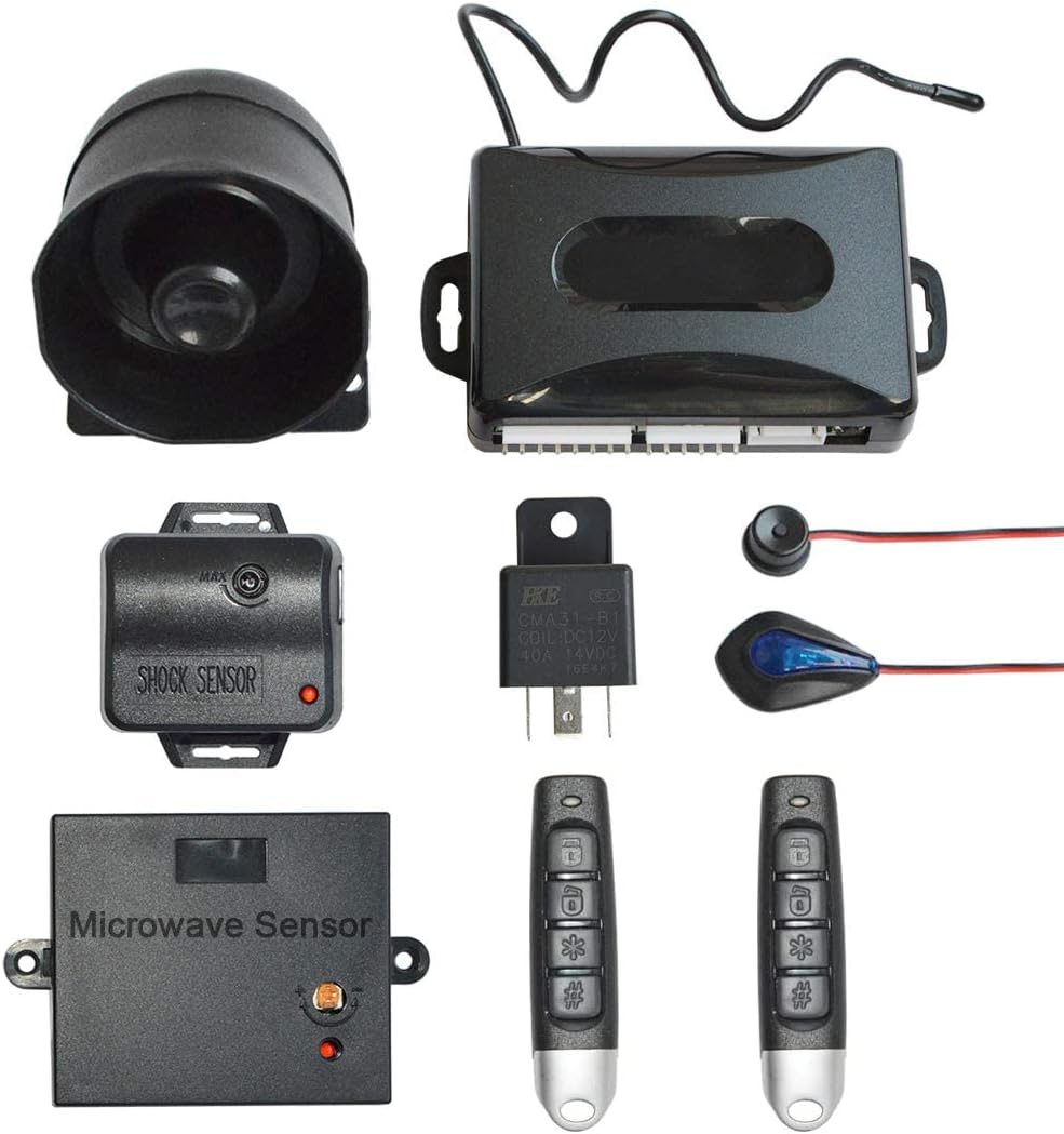 BANVIE Universal Car Security Alarm with Keyless Entry System, 2 Remote Transmitters, 6-Tone Siren, Shock Sensor, Central Locking Automation