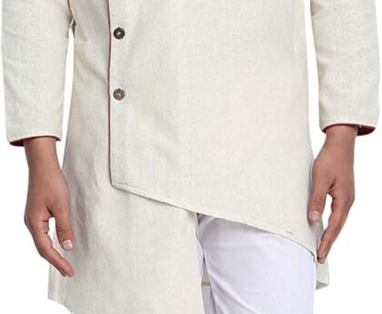 SKAVIJ Men’s Cotton Solid Kurta Pyjama Angrakha 2-Piece Ethnic Casual Dress