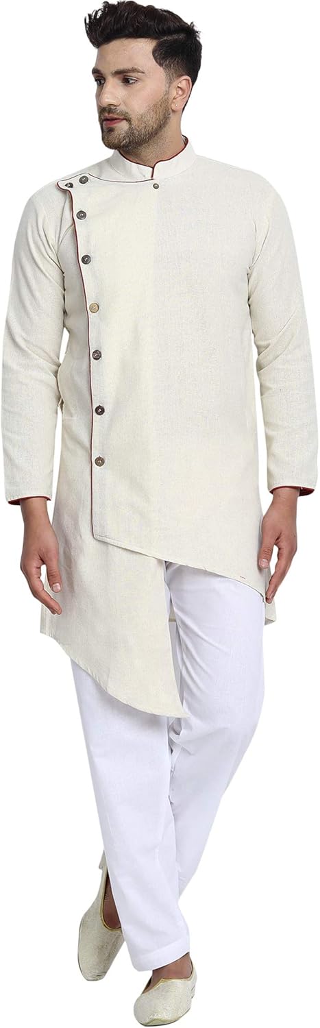 SKAVIJ Men’s Cotton Solid Kurta Pyjama Angrakha 2-Piece Ethnic Casual Dress