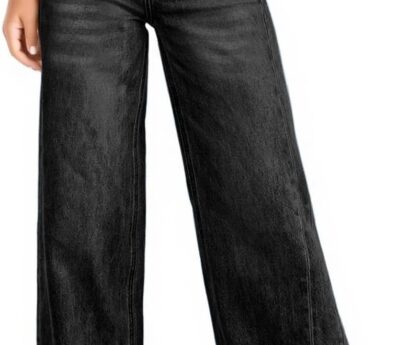 Haloumoning Girls Wide Leg Jeans Kids Elastic High Waisted Raw Hem Denim Pants with Pockets 5-14 Years