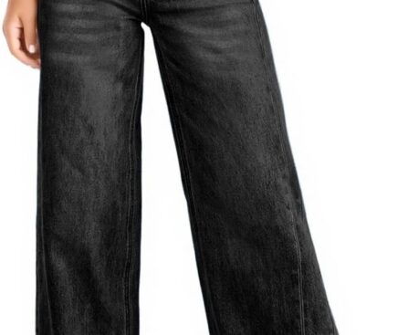 Haloumoning Girls Wide Leg Jeans Kids Elastic High Waisted Raw Hem Denim Pants with Pockets 5-14 Years