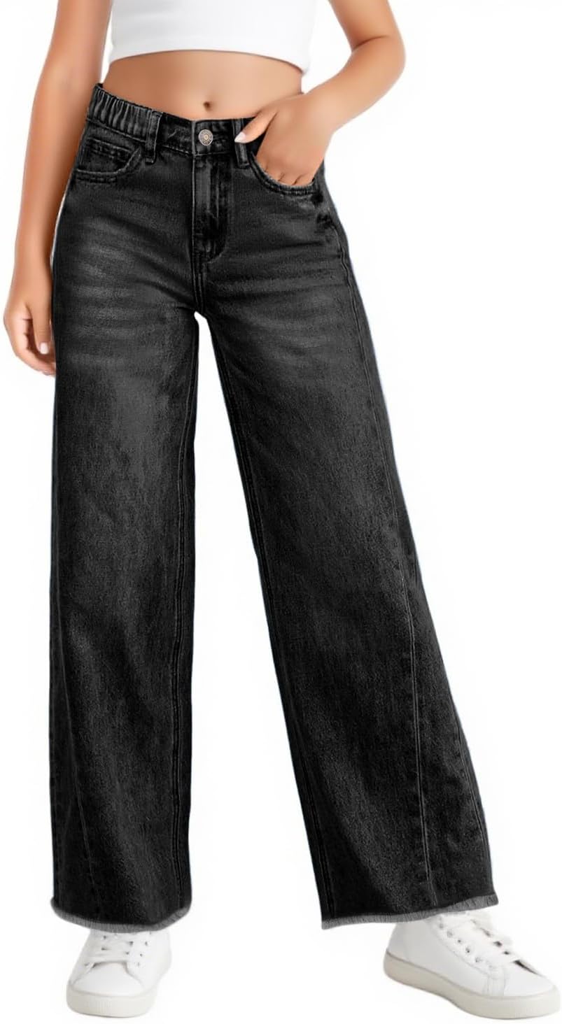 Haloumoning Girls Wide Leg Jeans Kids Elastic High Waisted Raw Hem Denim Pants with Pockets 5-14 Years