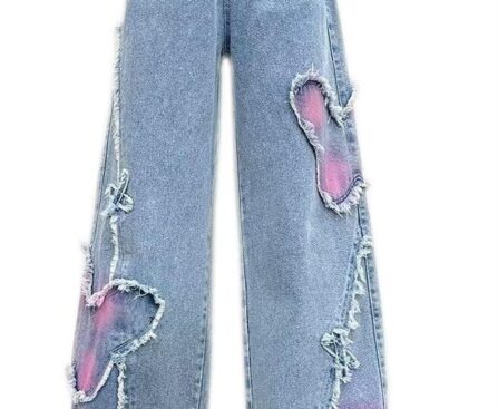 Girls Wide Leg Jeans Denim Elastic Wasit Baggy Ripped Distressed Pants