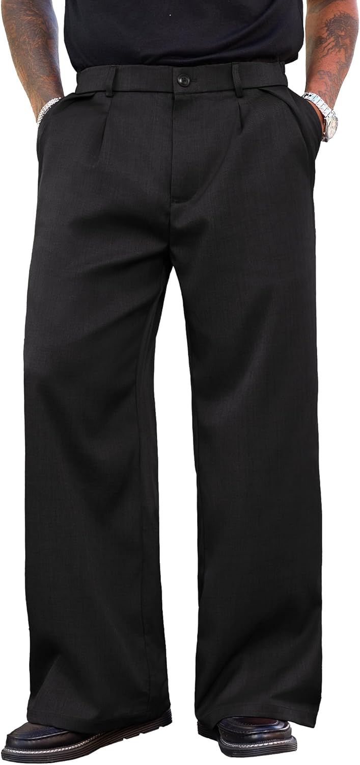 PLEPAN Men’s Wide Leg Dress Pants Baggy Pleated Casual Trousers Relaxed Fit Elastic Waist Business Slacks