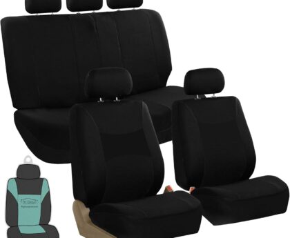 FH Group Universal Car Seat Covers Full Set for SUV Truck Sedan Vans | All-Purpose Cloth Seat Cover Set Airbag Compatible Washable Split Bench Protector Interior Upgrade – Black