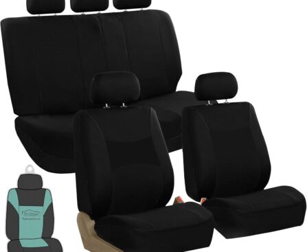 FH Group Universal Car Seat Covers Full Set for SUV Truck Sedan Vans | All-Purpose Cloth Seat Cover Set Airbag Compatible Washable Split Bench Protector Interior Upgrade – Black