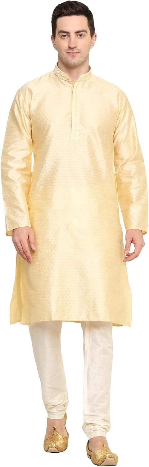 Men’s Tunic Art Silk Kurta Pajama Pyjama Set with Embroidery Work Indian Clothing Wedding Party Dress Gifts Items
