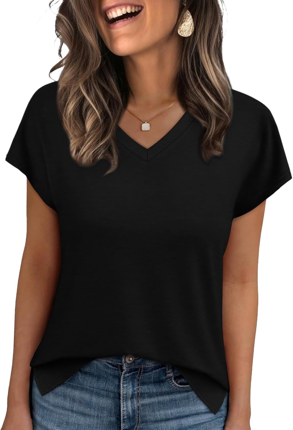 WIHOLL Womens Tops Basic Summer V Neck T Shirts Short Sleeve Dressy Casual Loose Fit Cute Tee Clothes Trendy Fashion Outfits