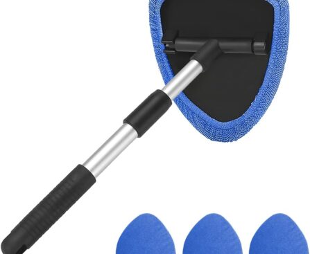 Windshield Cleaning Tool, Car Window Cleaner with Extendable Long Handle and 4 Washable Reusable Microfiber Pads, Auto Interior Exterior Glass Wiper Cleaning Kit Universal for Office and Home (Blue)