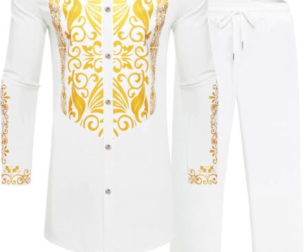 Mens African 2 Piece Sets Dashiki Metallic Traditional Suit Gold Stamp Printed Shirt and Pants Outfit