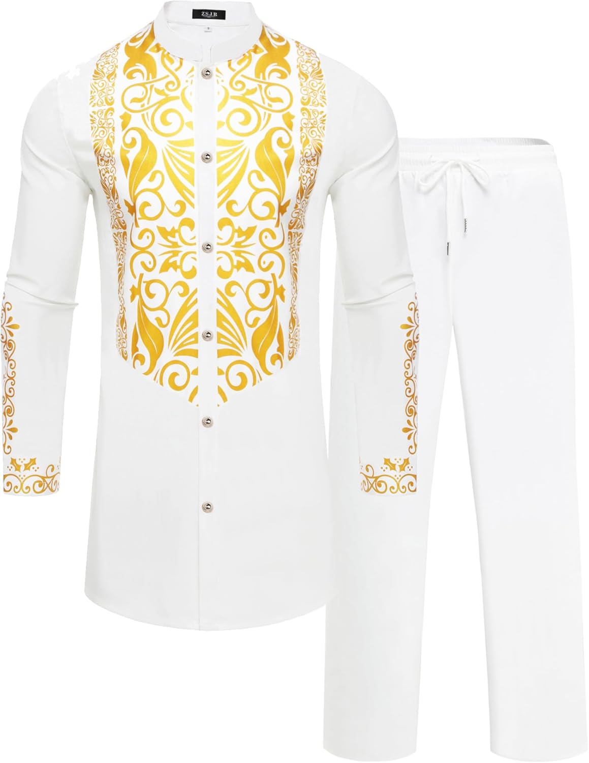 Mens African 2 Piece Sets Dashiki Metallic Traditional Suit Gold Stamp Printed Shirt and Pants Outfit