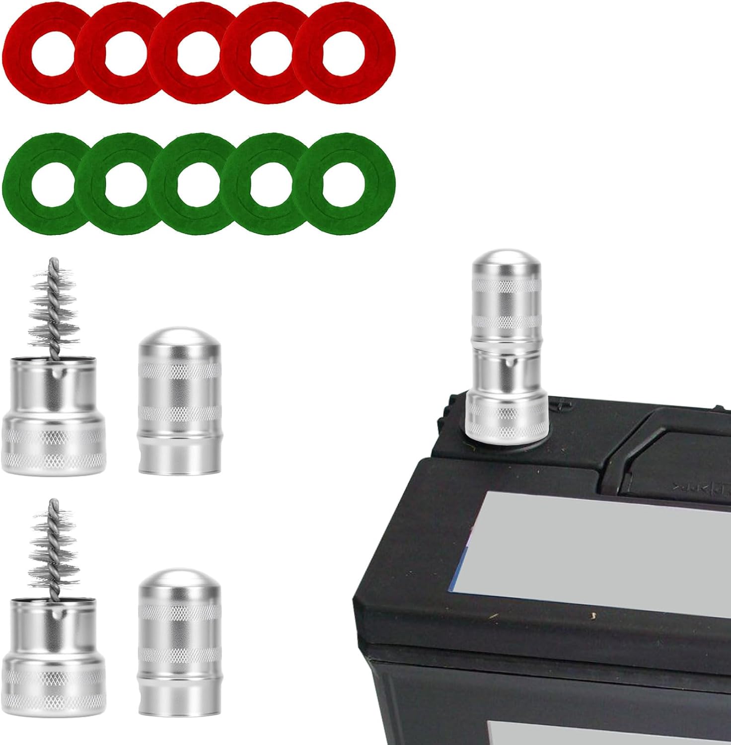 Battery Terminal Cleaners, Cleaner Kit with 2PCS Battery Cleaning Brushes and 10PCS Battery Terminal Anti-Corrosion Washers Protector Fiber, Universal Cleaning Accessories for Car, Boat