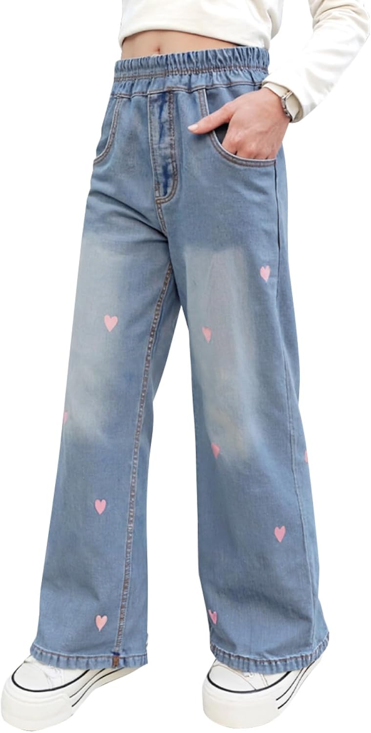 Girls Jeans Embroidery High Elastic Waist Denim Pants with Pockets Y2K Trendy Tween Streetwear 5-14 Years
